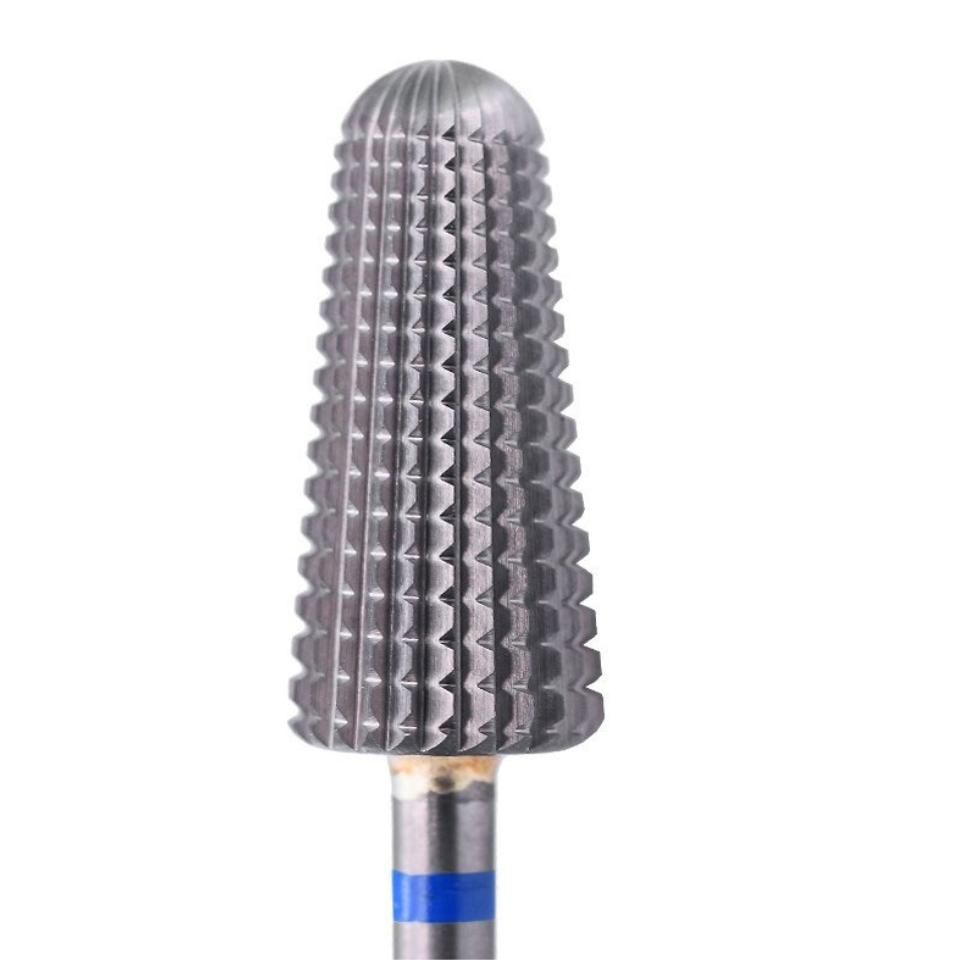 Broca volcán de carburo azul con grano medio. Herramienta bidireccional de alta precisión para estructurar y nivelar gel o acrílico en manicura profesional.