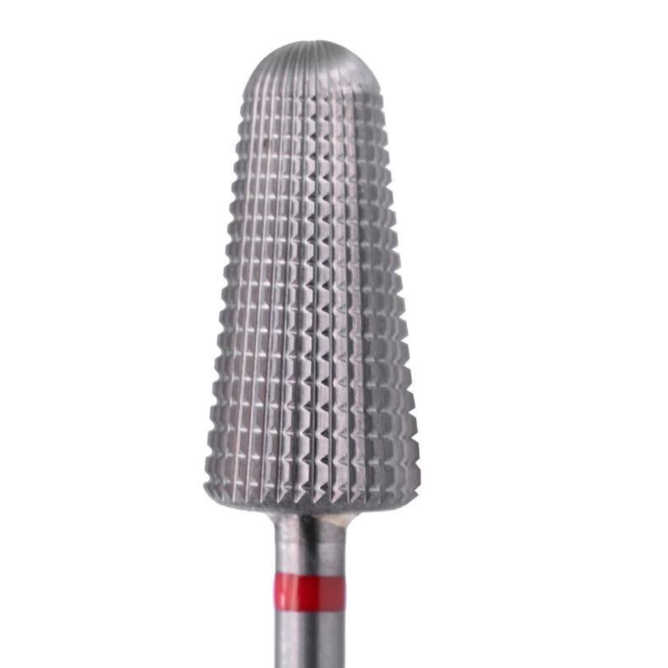 Broca de carburo volcán roja para torno de uñas profesional. Herramienta de alta precisión con estriado fino para acabados suaves, compatible con rotación hacia la derecha e izquierda.