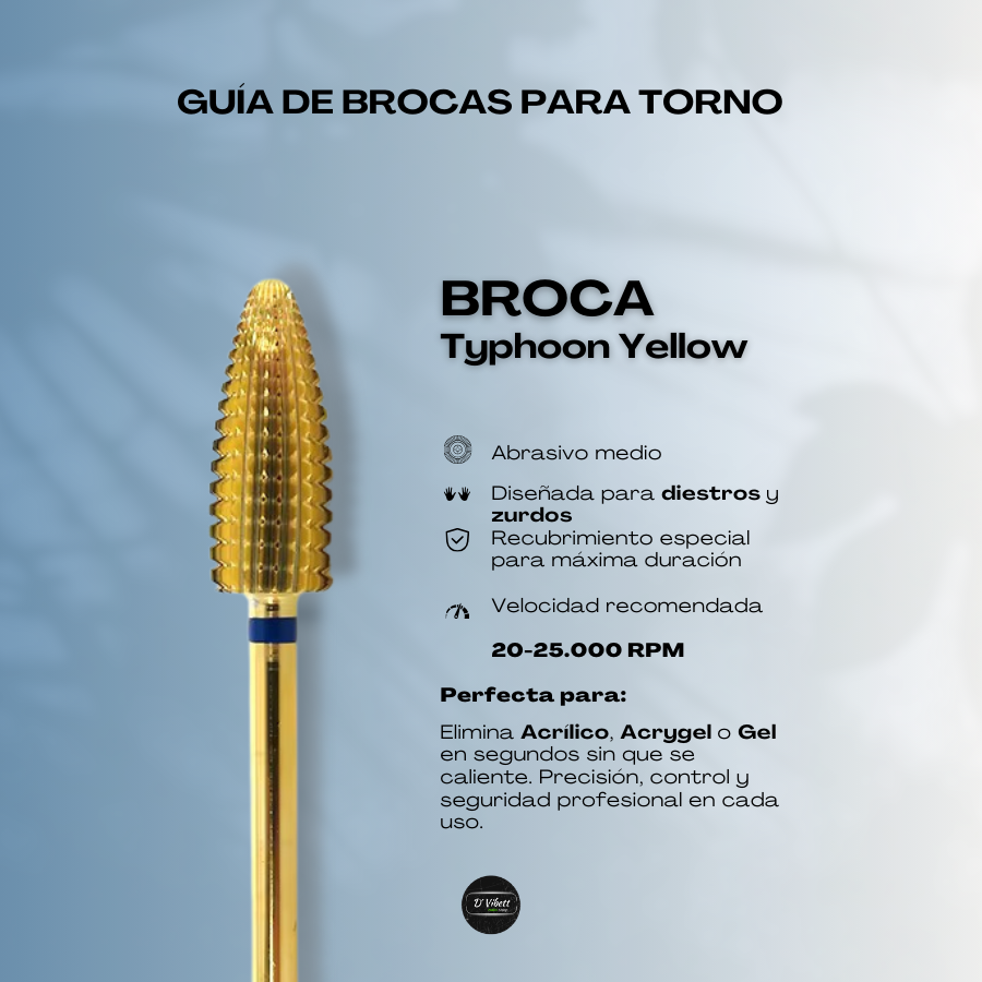 Broca Typhoon Yellow – Retiro de Acrílico y Gel sin calor